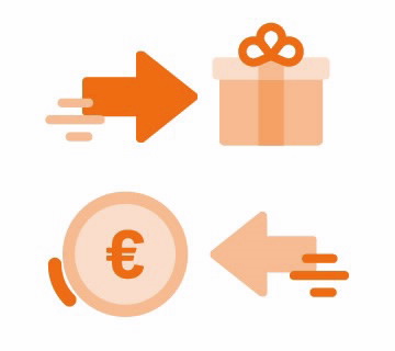 Icon que representa o cashback do Programa de Benefícios BPI. Icon de uma moeda, de uma seta e uma prenda.