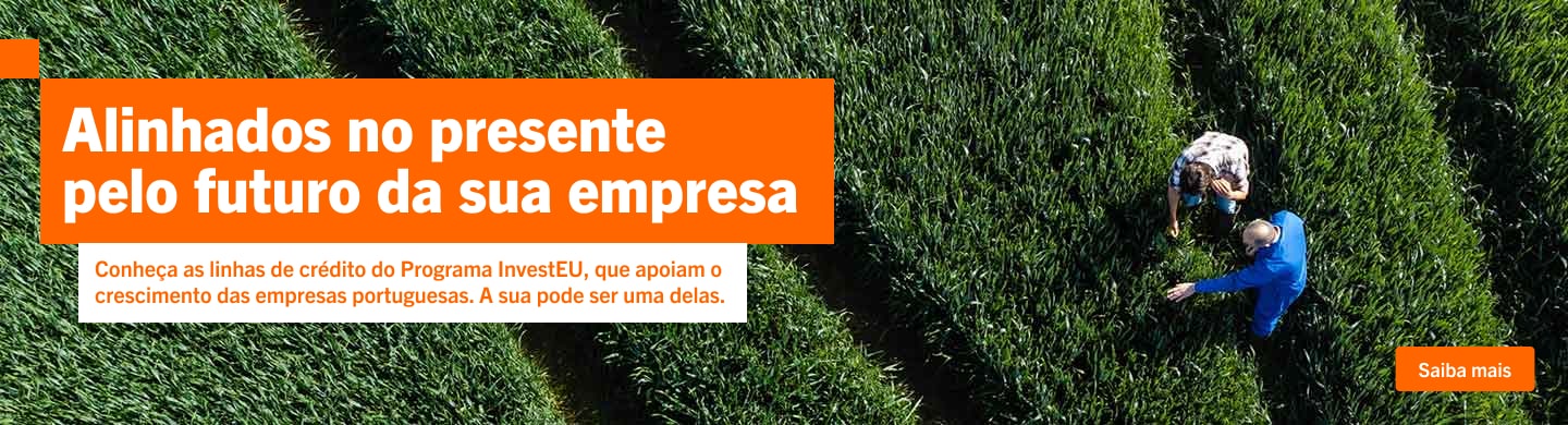 Info: Dois homens a conversar num vasto campo verde. Referência às linhas de crédito do programa InvestEU (sustentabilidade).