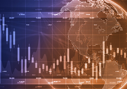 Fundo BPI Ações Mundiais. Imagem de um mapa mundo com um gráfico de evolução de ações sobreposto.