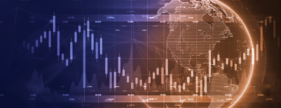 Fundo BPI Ações Mundiais. Imagem de um mapa mundo com um gráfico de evolução de ações sobreposto.