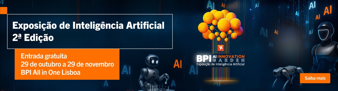 Info: Imagem com robôs da 2ª edição da exposição BPI AI Innovation Garden.